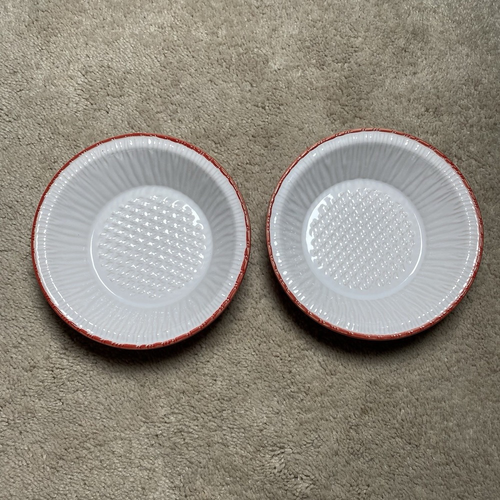 Lot of 2 Crate & Barrel 6" Ceramic Deep Dish Pie Tin Foil Style Bowl Red & White